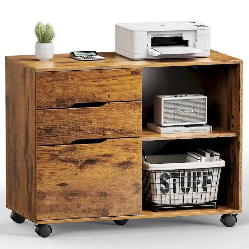 3 Drawer Mobile Filing Cabinet with Open Storage Shelves