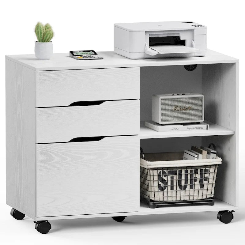 3 Drawer Mobile Filing Cabinet with Open Storage Shelves