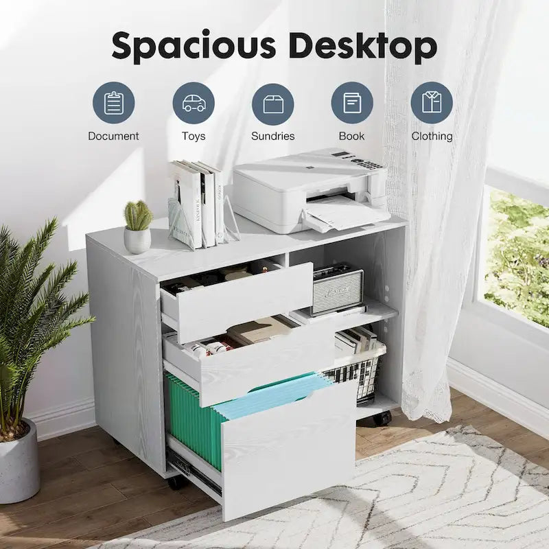 3 Drawer Mobile Filing Cabinet with Open Storage Shelves