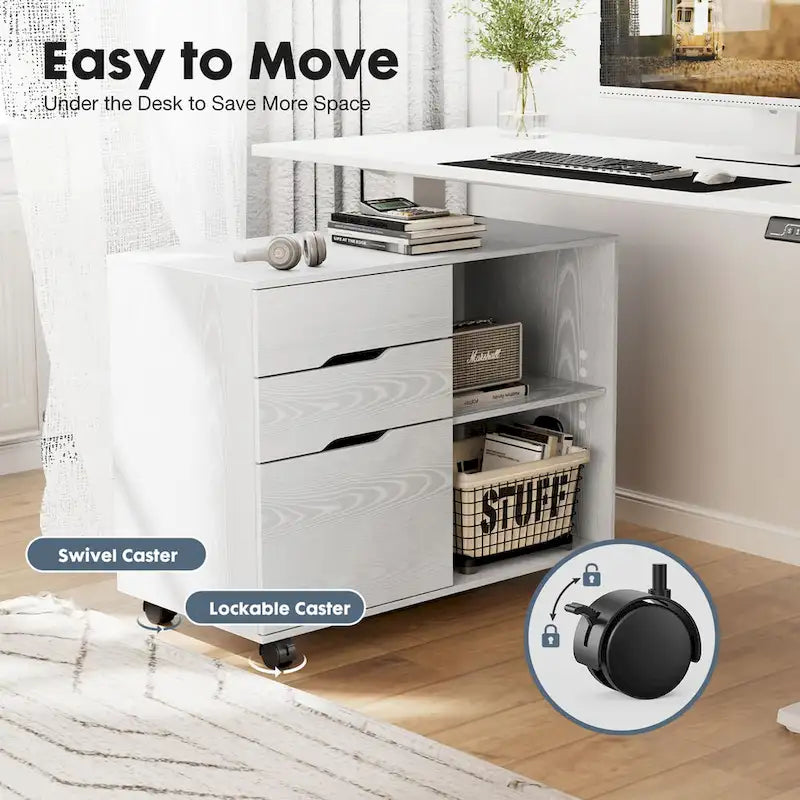 3 Drawer Mobile Filing Cabinet with Open Storage Shelves