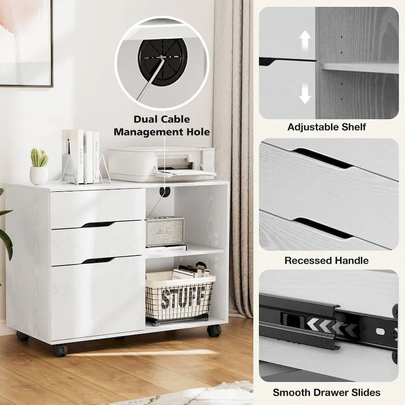 3 Drawer Mobile Filing Cabinet with Open Storage Shelves