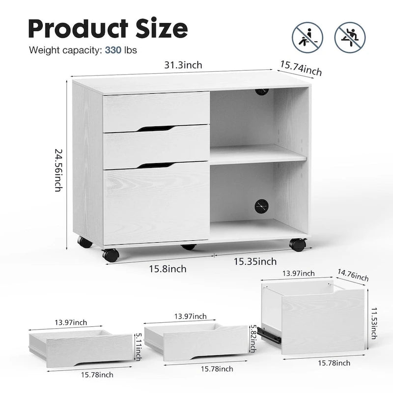 3 Drawer Mobile Filing Cabinet with Open Storage Shelves