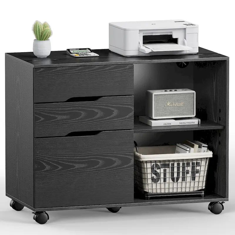 3 Drawer Mobile Filing Cabinet with Open Storage Shelves
