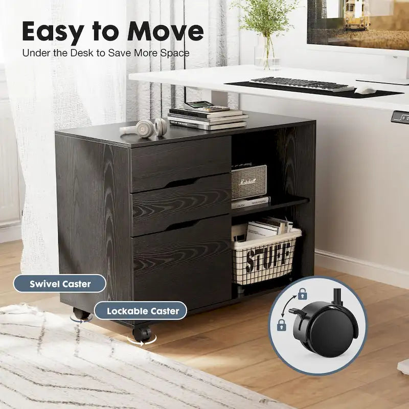 3 Drawer Mobile Filing Cabinet with Open Storage Shelves