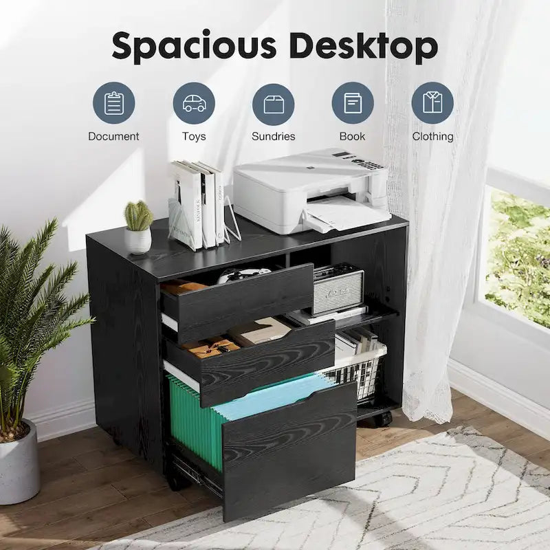 3 Drawer Mobile Filing Cabinet with Open Storage Shelves