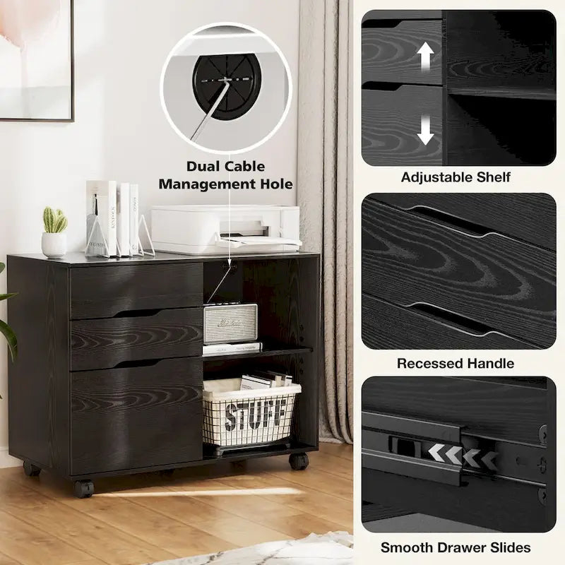 3 Drawer Mobile Filing Cabinet with Open Storage Shelves