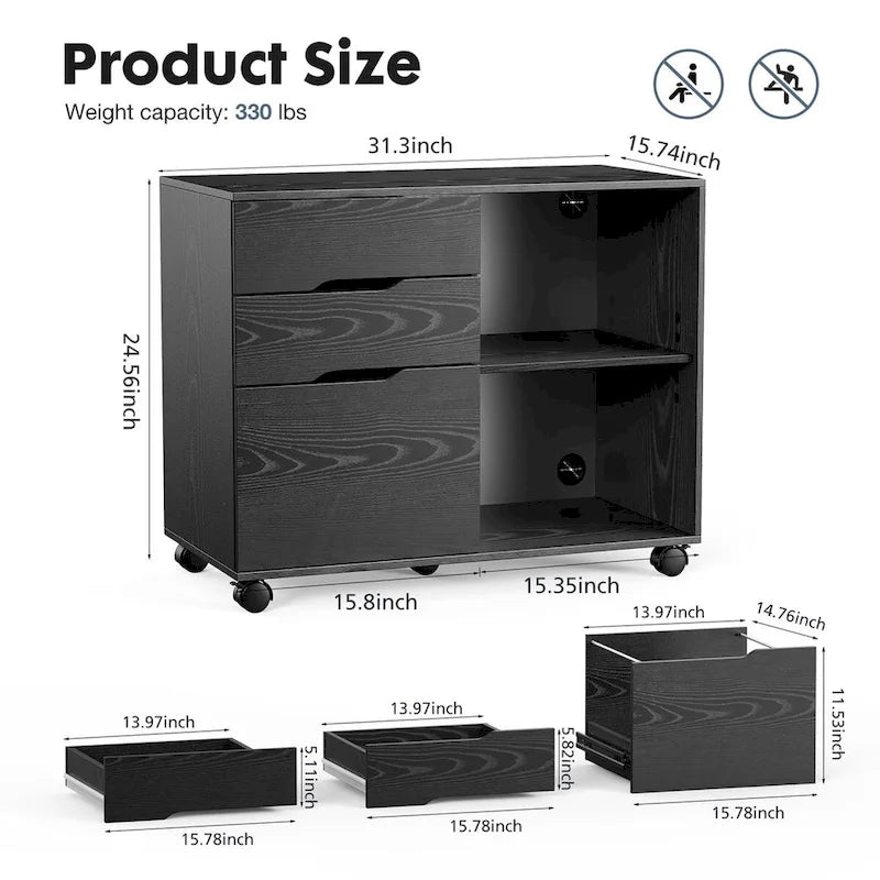 3 Drawer Mobile Filing Cabinet with Open Storage Shelves