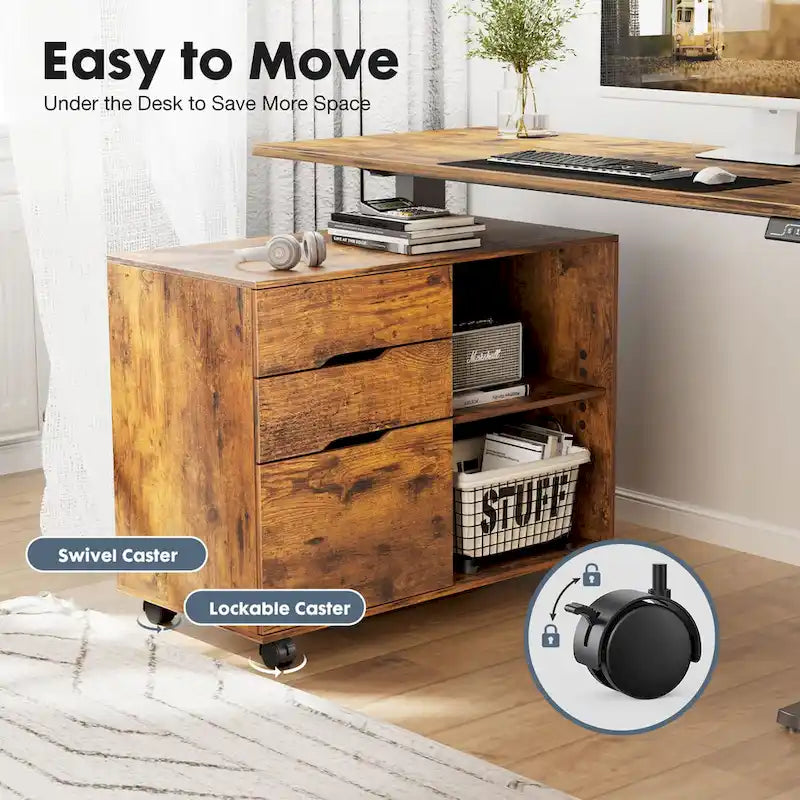 3 Drawer Mobile Filing Cabinet with Open Storage Shelves