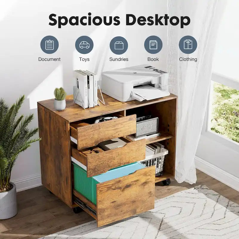3 Drawer Mobile Filing Cabinet with Open Storage Shelves
