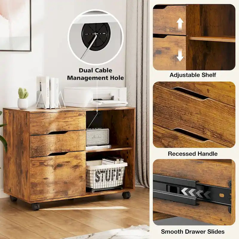 3 Drawer Mobile Filing Cabinet with Open Storage Shelves