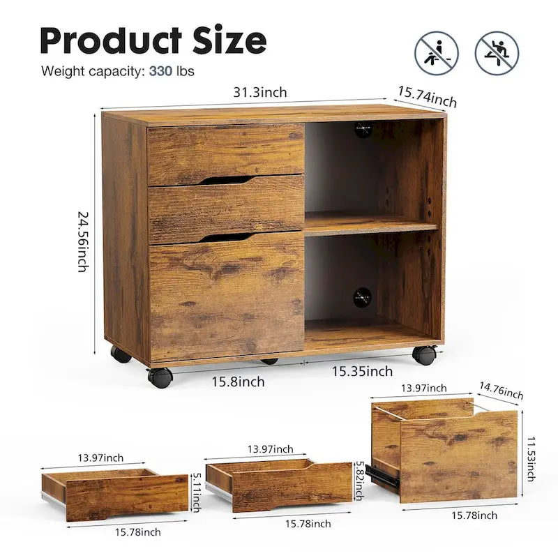 3 Drawer Mobile Filing Cabinet with Open Storage Shelves