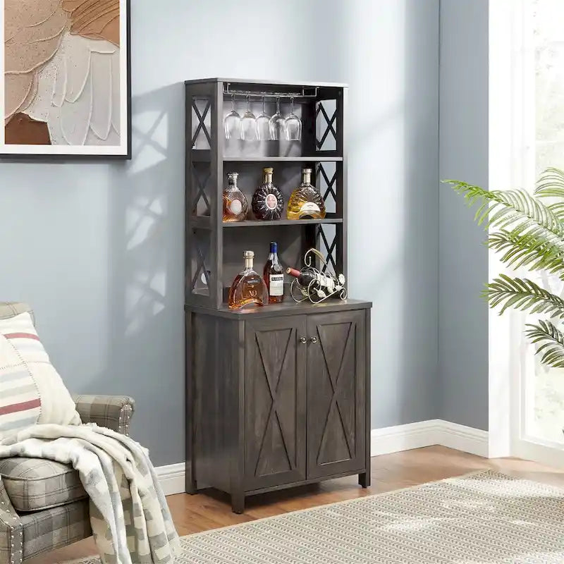 Coffee Bar Cabinet with Microwave Stand & Metal Frame