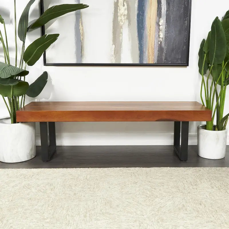 Wood Home Bench with Black Metal Legs - Brown