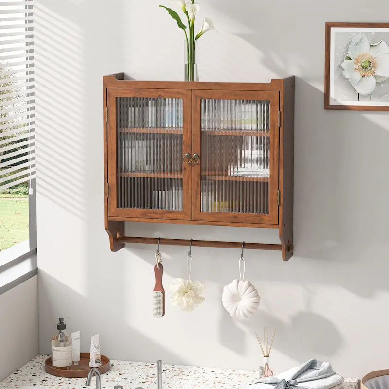 24.8" Vintage Glass Door Wall Cabinet with Double Doors, Three-Tier Storage, and Towel Rack