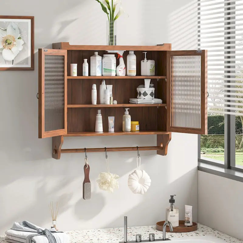 24.8" Vintage Glass Door Wall Cabinet with Double Doors, Three-Tier Storage, and Towel Rack
