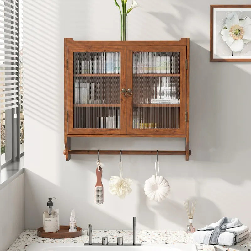 24.8" Vintage Glass Door Wall Cabinet with Double Doors, Three-Tier Storage, and Towel Rack