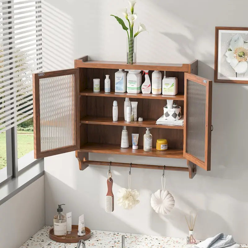 24.8" Vintage Glass Door Wall Cabinet with Double Doors, Three-Tier Storage, and Towel Rack