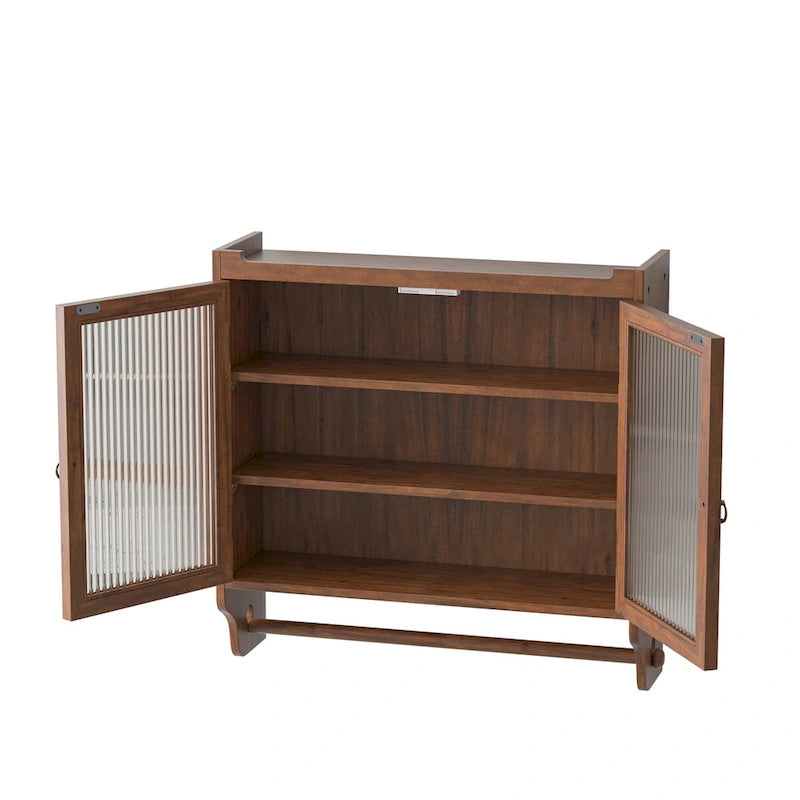 24.8" Vintage Glass Door Wall Cabinet with Double Doors, Three-Tier Storage, and Towel Rack